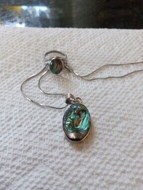 Sterling Silver Iridescent Abalone Pendant Necklace & Ring Set